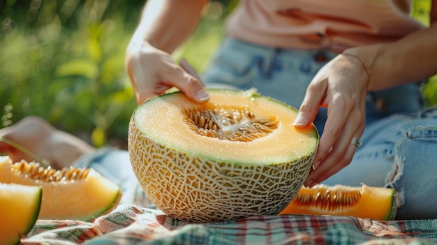 Summer picnic with hands slicing honeydew melon for a refreshing treat