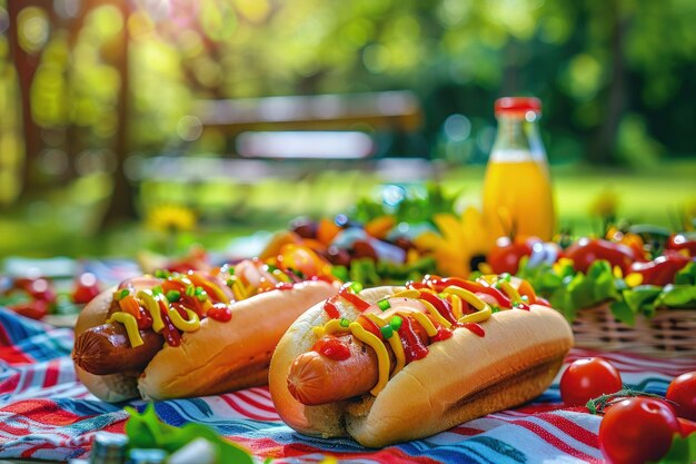 Photo summer picnic with hot dogs toppings and sunny park