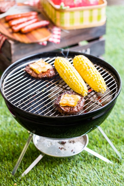 Summer picnic with small charcoal grill in the park.