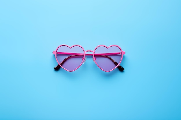 Summer pink heart shaped glasses on a blue background Place for tex