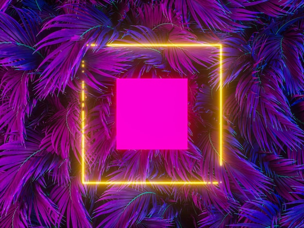 Summer podium backdrop with Tropical leaves and neon light