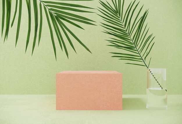 Summer podium,  platform for advertising products of geometric objects with tropical palm leaf.