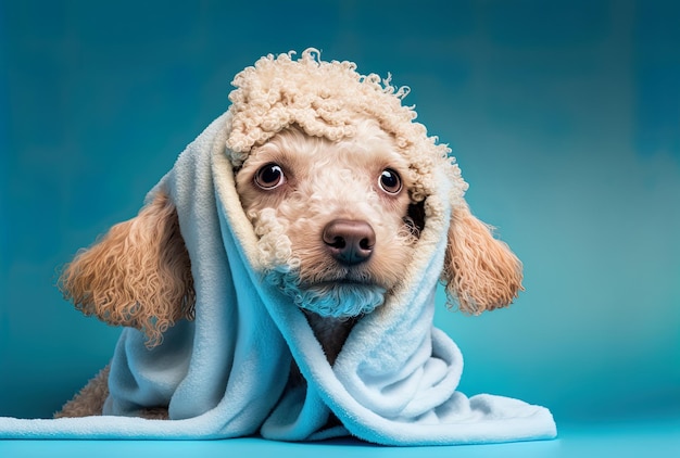 Summer poodle puppy covered in a towel in a humorous pose on a blue backdrop