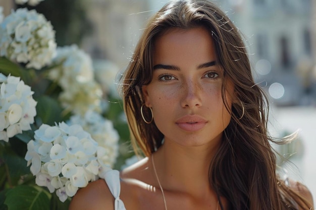 Photo summer portrait of a beautiful woman walking along the streets with flowers of hydragea