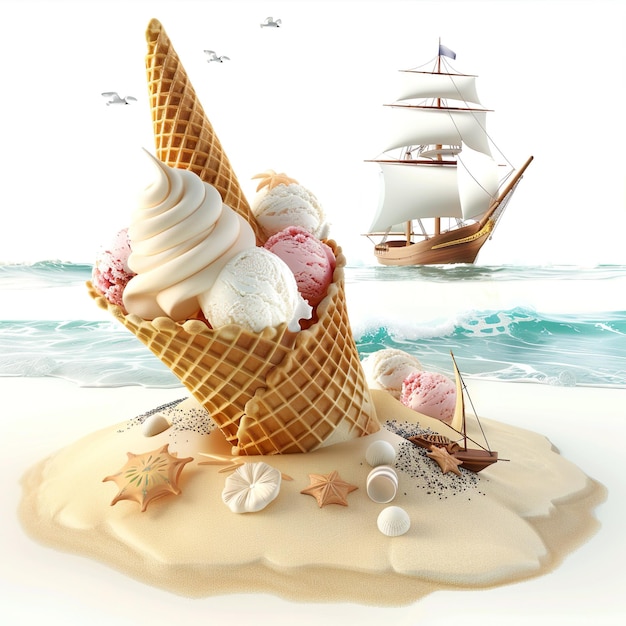 Summer poster with ice cream shells ship and sea Summer theme