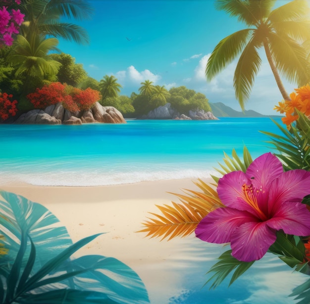 summer poster with paradise island and exotic flower closeup