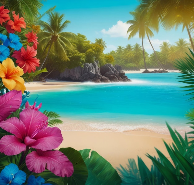 summer poster with paradise island and exotic flowers