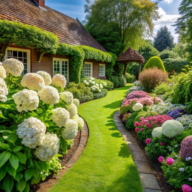 Summer private garden with blooming Hydrangea Annabelle Curvy lawn edge beautiful pathway Landscape design in English cottage style