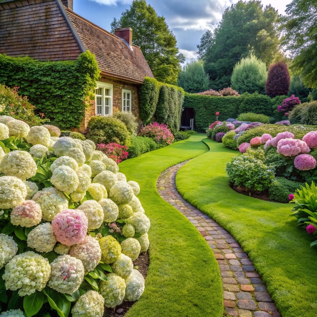 Summer private garden with blooming Hydrangea Annabelle Curvy lawn edge beautiful pathway Landscape design in English cottage style