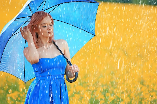 summer rain field girl flowers, beautiful young lady in spring field with flowers happiness freedom