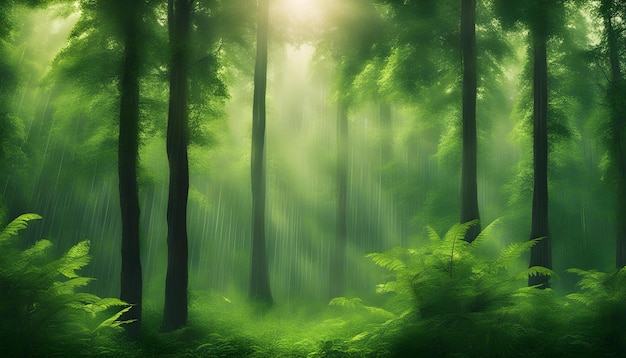 Summer rain in lush green forest with heavy rainfall background