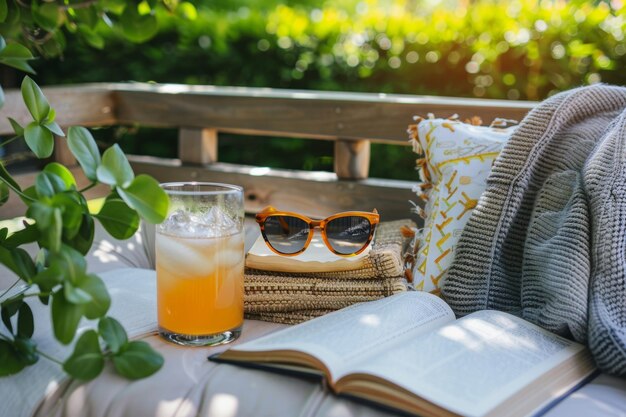 Photo summer reading nook with refreshing beverages sunglasses and cozy pillows for outdoor relaxation