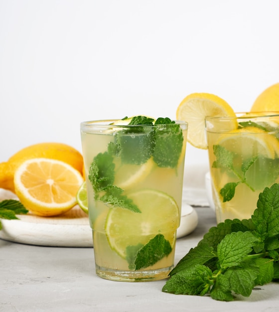 Summer refreshing drink lemonade with lemons, mint leaves, lime in a glass