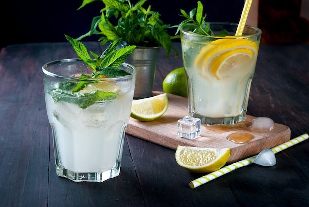 Summer refreshing drink with lemon and mint, mojito