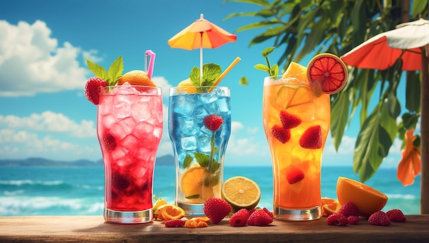 Summer refreshing drinks sitting on a table with summer background