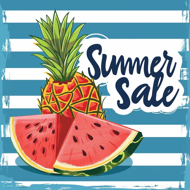 Summer sale banner vector illustration Watermelon Slice with pineapple on blue stripes background