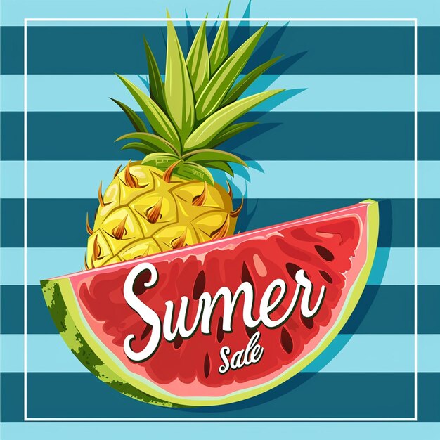 Summer sale banner vector illustration Watermelon Slice with pineapple on blue stripes background