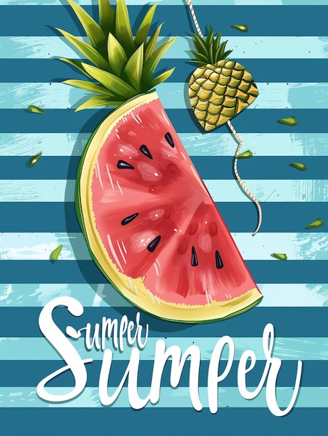 Summer sale banner vector illustration Watermelon Slice with pineapple on blue stripes background