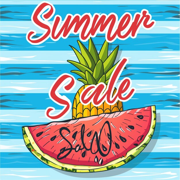 Summer sale banner vector illustration Watermelon Slice with pineapple on blue stripes background