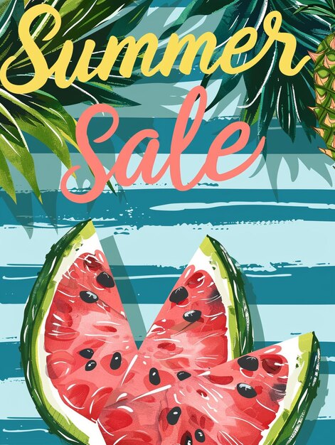 Summer sale banner vector illustration Watermelon Slice with pineapple on blue stripes background