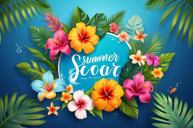 Summer Sale Design with Flower Beach Holiday Elements and Exotic Leave