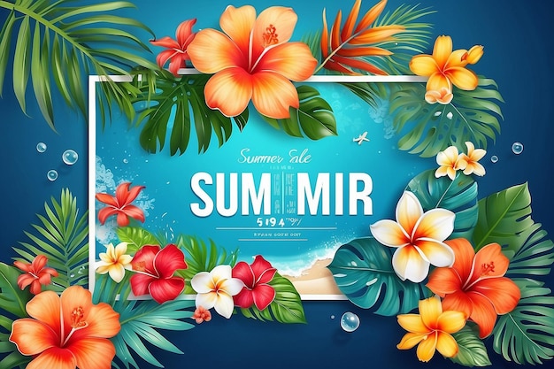 Summer Sale Design with Flower Beach Holiday Elements and Exotic Leave