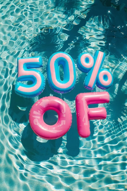 Summer sale percent discount overhead view of a swimming pool with inflatable pool floats