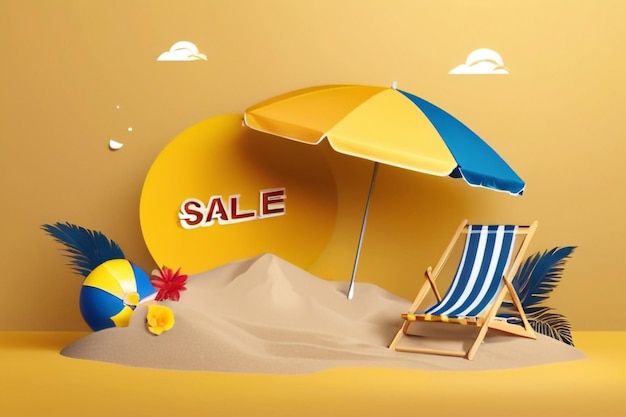 Summer sale podium display pile of sand flowers beach umbrella beach chair