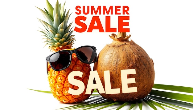 Photo summer sale with pineapple and coconut wearing sunglasses isolated with white highlights