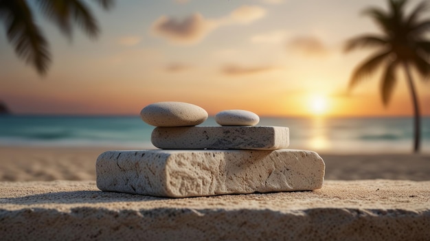 Summer sand and tropical sea background with abstract stone podium