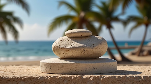 Summer sand and tropical sea background with abstract stone podium