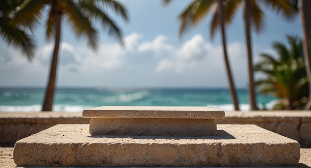 Summer sand and tropical sea background with abstract stone podium