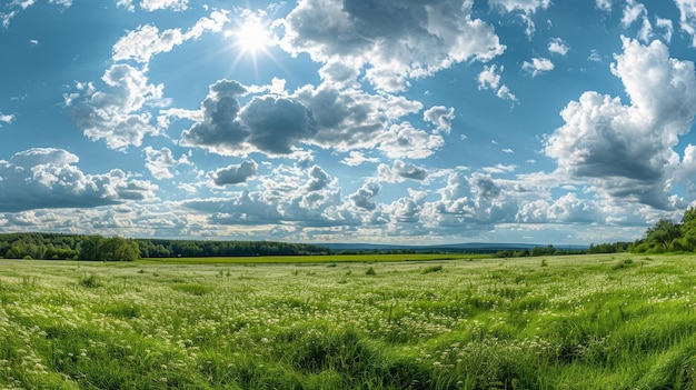 Summer scene lush grass azure sky adorned with cotton clouds