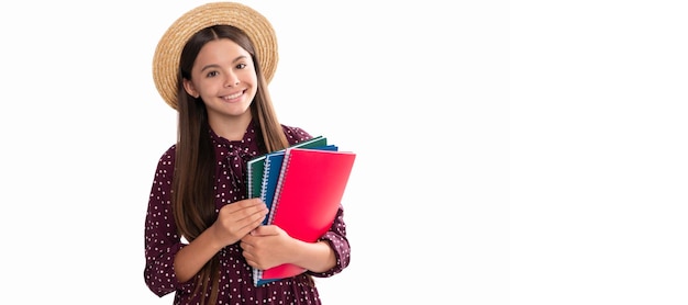 Summer school happy teen girl with notebook back to school child in straw hat ready to study Banner