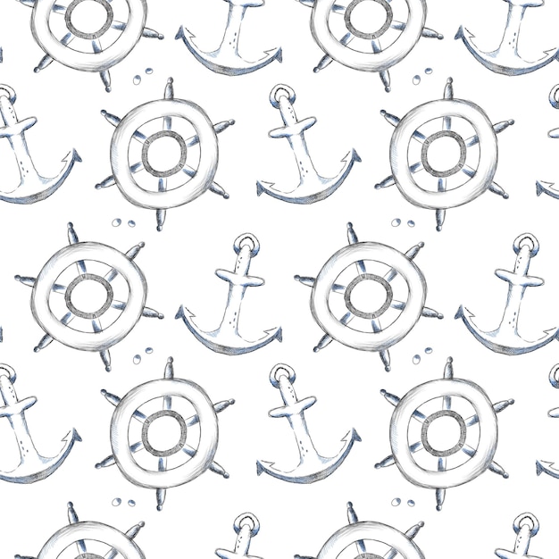 Summer sea doodle anchors and handwheels seamless pattern