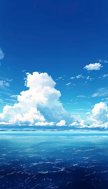 Summer sea landscape with waves and clouds in animation style