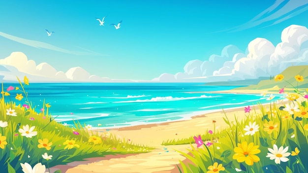 Photo summer sea shore with flowers and green grass in a modern cartoon illustration of a seaside with bright blue water a footpath along the shore with grass and bushes clouds in a sunny sky and travel