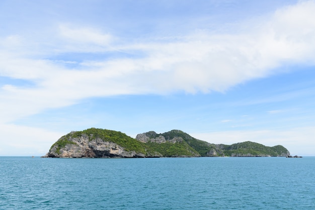 Summer seascape with green island and blue sky