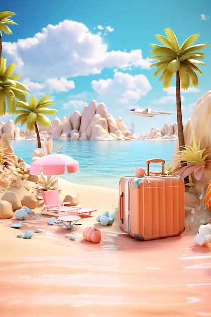 Summer seaside travel suitcase pink tone summer vacation