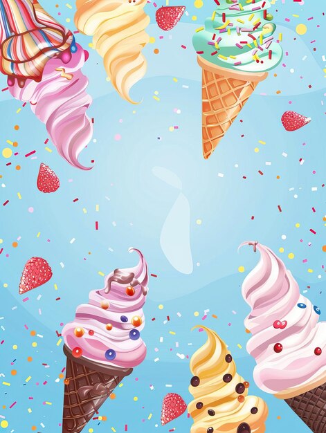 Photo summer season snack ice cream blue background with text space flat cartoon style ice cream high qual