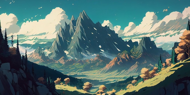 Summer seasonal anime style background landscape mountain lake and relax vibes anime background or wallpaper Generative Ai