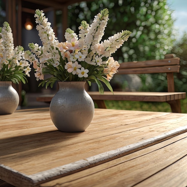 Photo summer serenity photorealistic render of a wooden table with flowers in a scenic setting