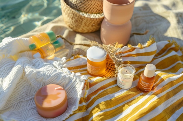 Summer Skincare Essentials on Beach Towel Sun Protection Products and Beach Accessories for Perfect Vacation