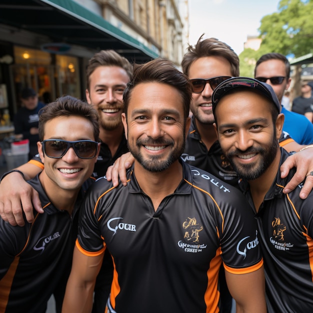 Summer Smiles A Group of Men in Black and Orange Shirts Generative AI