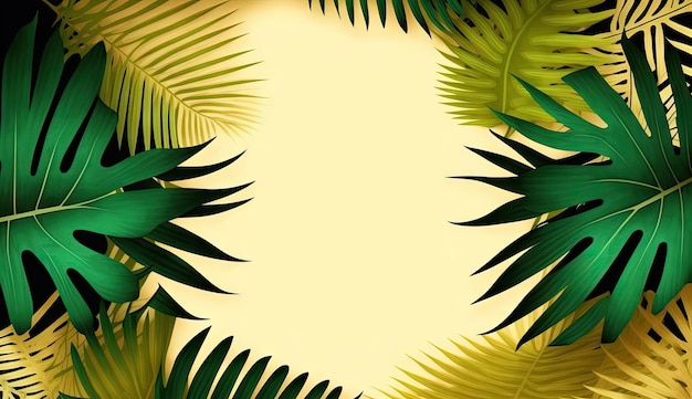 Summer special offer sale design with palm leaves on tropical plants frame background