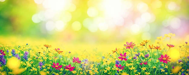 Summer spring natural flower background banner Wildflowers on bright sunny day with beautiful bokeh Sunny garden in sunlight on nature outdoors wide banner format Generative AI