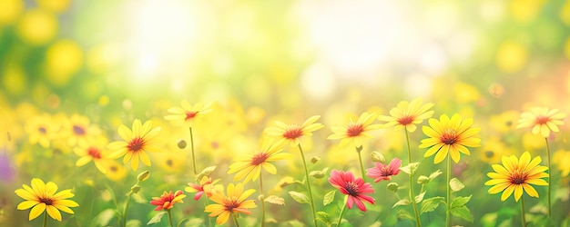 Summer spring natural flower background banner Wildflowers on bright sunny day with beautiful bokeh Sunny garden in sunlight on nature outdoors wide banner format Generative AI