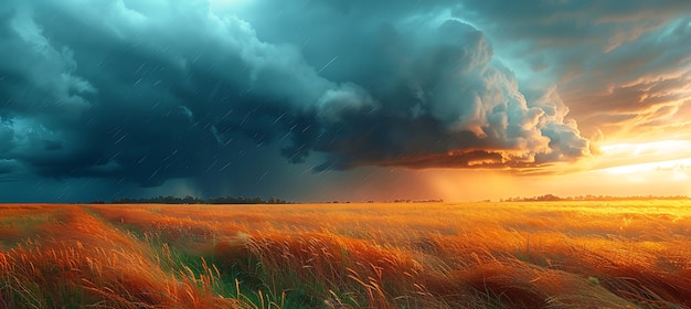 Summer storm approaching over prairie with dark clouds rolling in and the wind stirring tall grasses