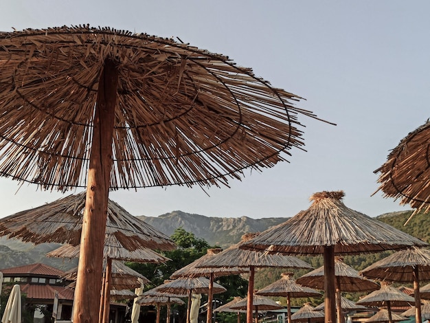 Summer straw beach umbrellas in row in front of the mountains