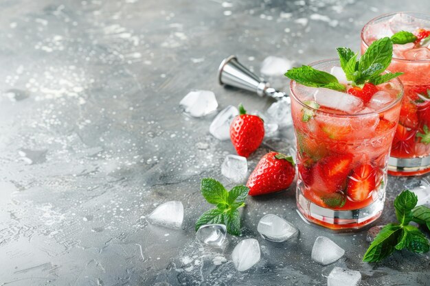 Summer strawberry cocktail with mint ice bartender tools on light background Strawberry lemonade with ice copy space